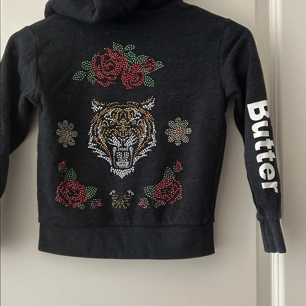 BUTTER ZipUp BLING Hoodie bejeweled Tiger,Rose& FIERCE hood/BUTTER sleeve size 4